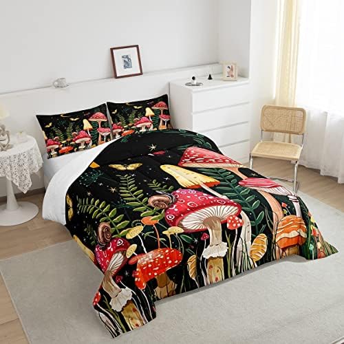 Feelyou Kids Mushroom Bedding Set Natural Wild Fungus Comforter Set for Kids Boys Girls Botanical Plants Duvet Set Butterfly Comforter 1 Comforter Set with 1 Pillowcase Twin Size