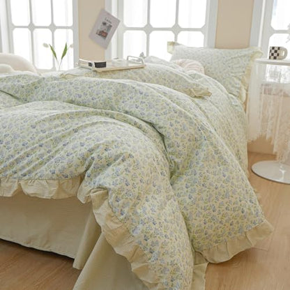 Green Ruffle Comforter Set Full Size Girls Blue Flowers Comforter Fluffy Soft Vintage Floral Bedding Set Cottagecore Botanical Floral Comforter Set with 2 Ruffle Lace Pillowcases for All Seasons