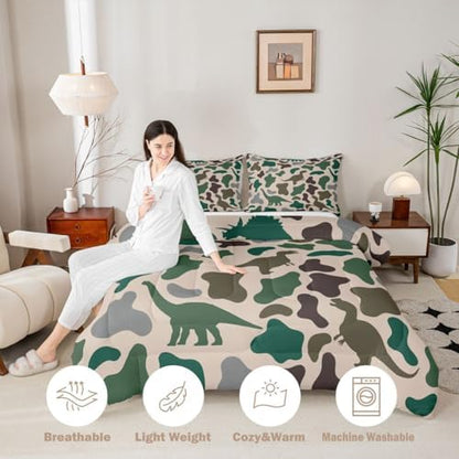 Manfei Army Green Camo Comforter Set Queen Size,Dinosaur Camouflage Bedding Set 3pcs,Wild Animals Theme Down Comforter for All Season,Kids Boys Girls Room Decor,2 Pillowcases,No Sheets
