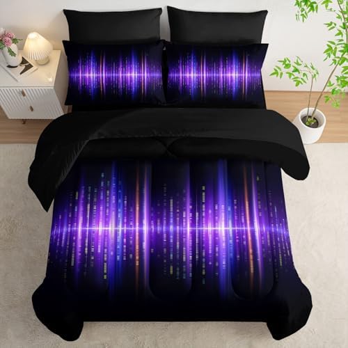 Geometric Stripes Comforter Set Purple Gradient Lines Printed Bedding Set with 1 Comforter, 1 Flat Sheet, 1 Fitted Sheet and 4 Pillowcases for Boys and Girls Bedroom (Lines King