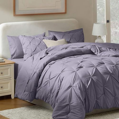 Nestl 9 Piece Full Comforter Set – Grayish Purple Pinch Pleated Bed in a Bag – Complete Full Size Bedding Set with Sheets, Set of 2 Cooling Pillows, Pillowcases and Shams