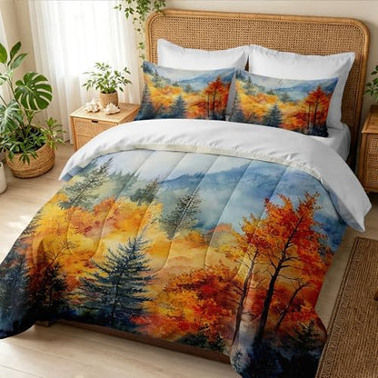 CCoutueChen Fall Forest Comforter Set King Size, Country Bedding with Watercolor Mountain Autumn Tree Bedroom Decor, 3 Pcs 2 Pillowcases, 104"x90"