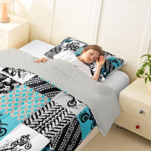 Feelyou Dirt Bike Comforter Set Toddler Size Motocross Bedding Set for Kids Boys Girls Extreme Sports Duvet Quilt Grunge Rider Bedroom Decor Tire Track Microfiber 2 Pcs with 1 Pillow Cases