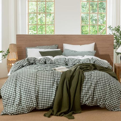 MooMee Gingham Duvet Cover Set 100% Washed Cotton Linen Like