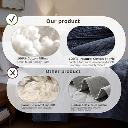 palassio Striped Navy Blue 100% Cotton Quilt King Size Bedding Sets, Lightweight Crinkly Channel Pick Stitch Textured Bedspread Soft Shabby Chic Farmhouse Country Coverlet for All Season, 2 Shams