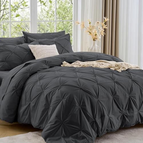 Sasttie California King Comforter Set, 7-Piece Bed in a Bag, Pintuck Bedding Sets for All Season, Includes Comforter, Flat Sheet, Fitted Sheet,Pillowcases and Pillowshams, Dark Grey