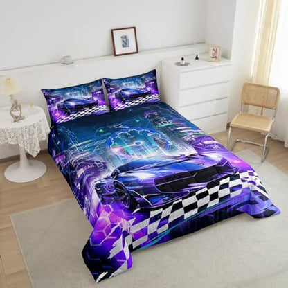 Feelyou Boys Purple Race Car Full Size Bedding Set Kids Racing Car Decor Comforter Extreme Sports Car Comforter Set for Teens Honeycomb Grid Car Comforter Quilt Set Car Room Decorations