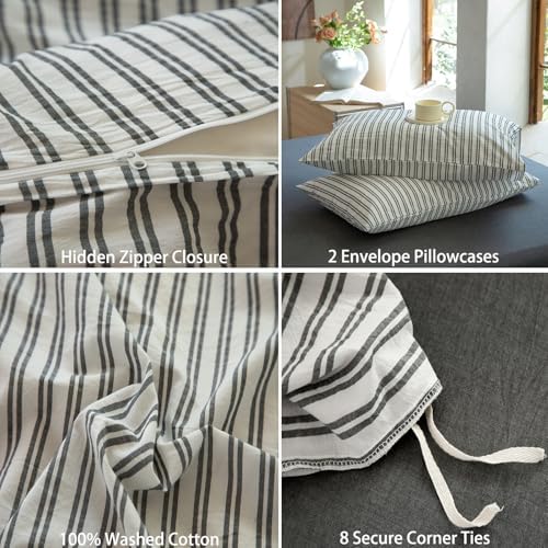 Striped Duvet Cover Set King Size 3 Piece 100% Washed Cotton Linen Feel Bedding Comfy Breathable Modern Farmhouse (King, Double Stripe-White/Black)