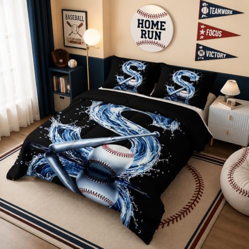 BSNTHO Baseball Comforter Set Twin Size, Black Kids Comforter 3Pcs