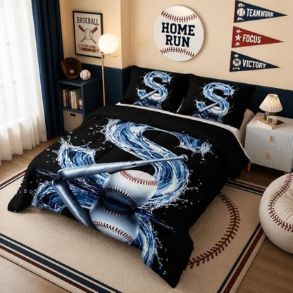 BSNTHO Baseball King Size, Comforter Set Black Kids Comforter 3Pcs