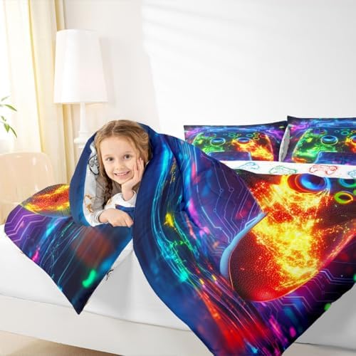 Erosebridal 3D Modern Gamer Comforter Set Gamer Controller Girl Toddler Bedding Set for Tween Boys Girls Geometric Neon Gaming Comforter Video Game Consoles Quilt,Boys Room Decor