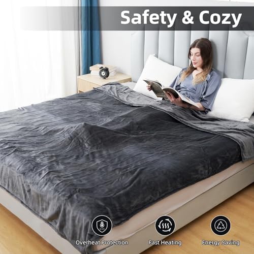 Electric Heated Blanket Queen Size 84"x90", Soft Plush Microplush for Bed, Dual Controllers & Heating Zones, 10Hs Auto Off & 5 Heating Levels, Machine Washable, Gifts for Womens-Gray