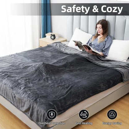 Eydna Electric Heated Blanket Queen Size 84"x90", Soft Plush Microplush for Bed, Dual Controllers & Heating Zones, 1-10Hs Auto Off & 9 Heating Levels, Machine Washable, Gifts for Womens-Dark Gray