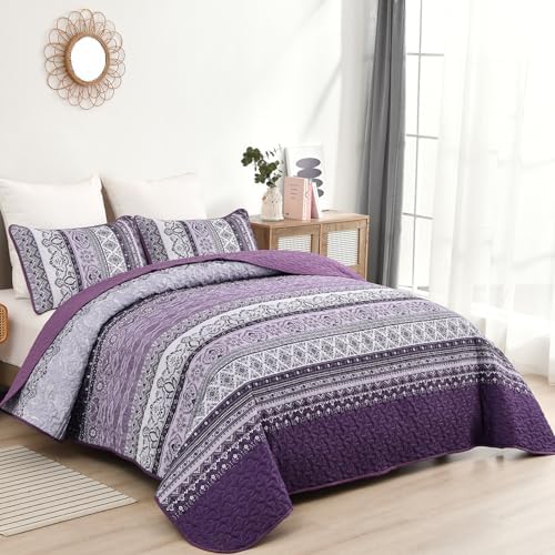 WONGS BEDDING Boho Quilt Queen Size,3 Pieces Purple Bedspread Bedding Set