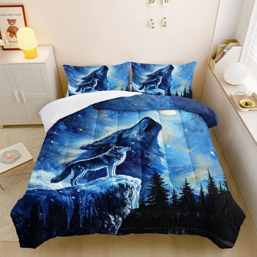 Wolf Comforter Set Queen for Boys Girls,Howling Wolves Night Moon Comforter Mountain Forest Wolf Bed Set,Wild Animals Quilt Set for Adults Kids Bedroom Decor,All Seasons
