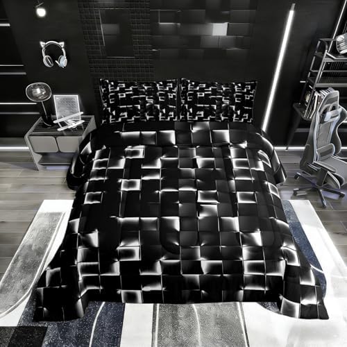 Erosebridal Geometric Checkered Comforter Toddler Size Neon Black White Comforter Set for Kids Teen Men Gamer Room Decor,Abstract Ombre Plaid Bedding Set Grids Quilt Duvet