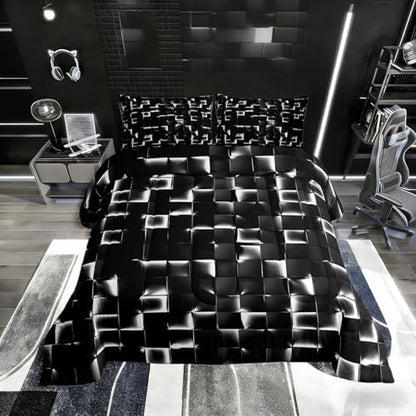 Erosebridal Geometric Checkered Comforter Toddler Size Neon Black White Comforter Set for Kids Teen Men Gamer Room Decor,Abstract Ombre Plaid Bedding Set Grids Quilt Duvet