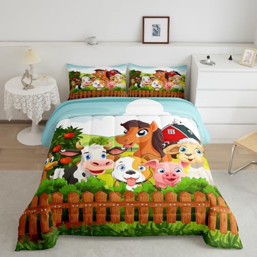 Kids Cartoon Comforter Set Toddler Cute Farm Animals Comforter Cattle Sheep Pigs Dogs Horses Bedding Set for Boys Girls Children Farmhouse Duvet Set Ultra Soft Room Decor Queen Size Colorful Quilt Set