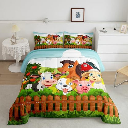 Kids Cartoon Comforter Set Toddler Cute Farm Animals Comforter Cattle Sheep Pigs Dogs Horses Bedding Set for Boys Girls Children Farmhouse Duvet Set Ultra Soft Room Decor Queen Size Colorful Quilt Set