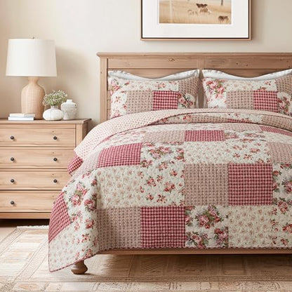 SLPR - Country Roses Red Floral Patchwork Quilt Set, Twin with 1 Sham