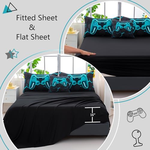 Full Size Gamer Bedding Sets for Boys Girls, 6 Pieces Teal Gaming Comforter Set with Sheets, 3D Game Console Bed in A Bag, Lake Blue Honeycomb Gamepad Kids Bed Set (Teal, Full)