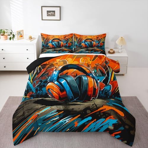Erosebridal Gaming Headset Comforter Set Graffiti Gamer King Bedding Set for Adult Men Doodle Style Comforter Gaming Headphones Duvet Insert