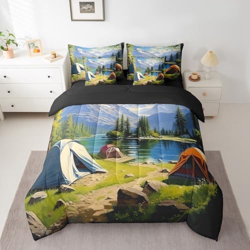 Erosebridal Happy Camping Bed in A Bag with Sheets Queen Camper Accessories 7 Piece Comforter Set Watercolor Cartoon Tents Bedding Set,Campe Woodland Adventure Bedding Comforter Sets