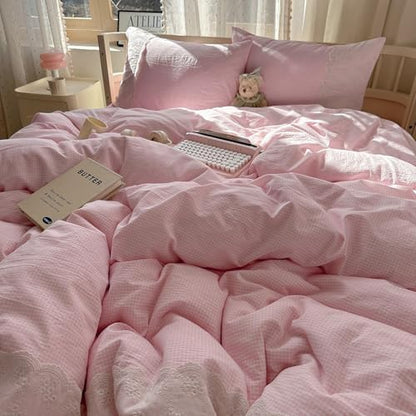 mixinni Pink Gingham Duvet Cover Queen Size - 3 Piece Cottagecore Plaid Bedding Set with Lace Trim, Soft Washed Microfiber Vintage Aesthetic Grid Comforter Cover & Pillow Shams, (Pink White Gingham)