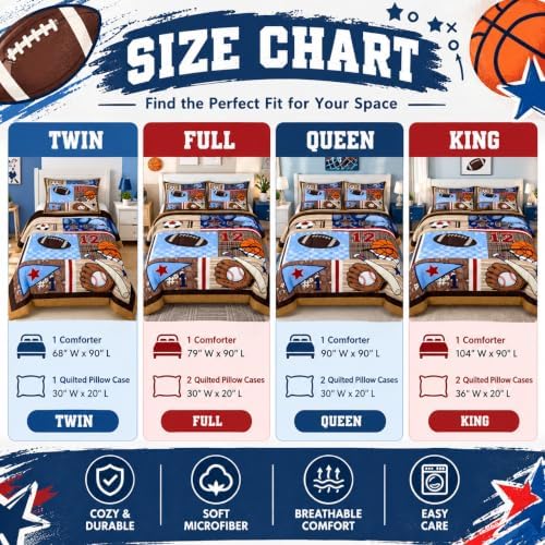Football Baseball Basketball Comforter Set Queen,Brown Geometric Patchwork Bedding Set 3pcs for Kids Teens Boys Room Decor,Ball Sports Game Duvet Insert Colorful Quilted Duvet with 2 Pillowcases