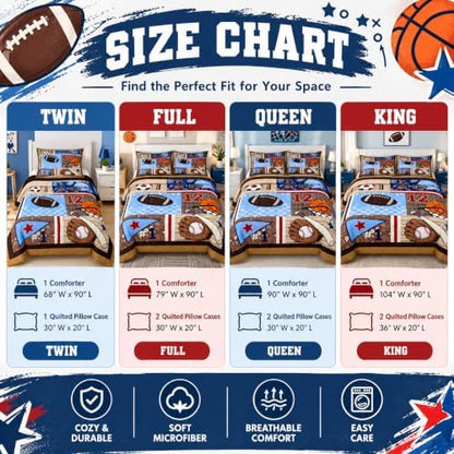 Football Baseball Basketball Comforter Set Queen,Brown Geometric Patchwork Bedding Set 3pcs for Kids Teens Boys Room Decor,Ball Sports Game Duvet Insert Colorful Quilted Duvet with 2 Pillowcases