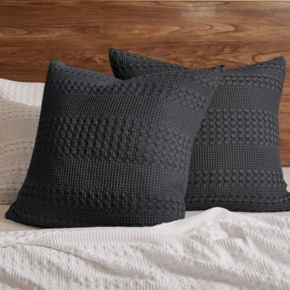 PHF Cotton Waffle Weave Euro Sham Covers 26" x 26", Black, No Insert