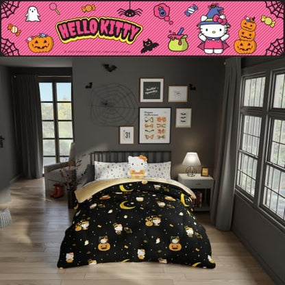 Sanrio Hello Kitty Halloween Pumpkin Queen Bed Set – Super Soft & Cozy 5 Piece Reversible Comforter and Sheet Set (Officially Licensed Product) by Franco