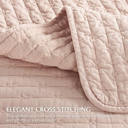 EVERGRACE 100% Cotton Cross Stitch 3-Piece Quilt Set, Queen, Ballet Pink