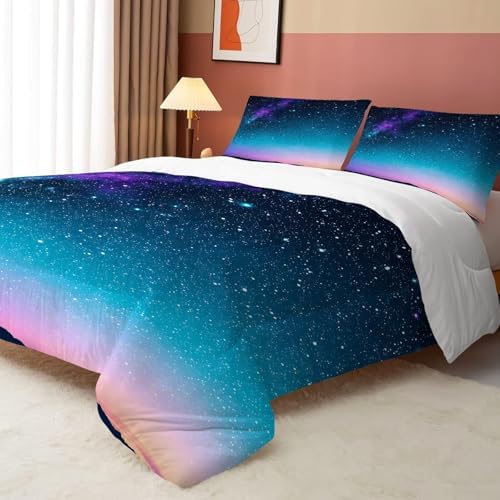 Blue Gradient Galaxy Bedding Set Full/Queen Size Comforter for Kids Boys Teen Girls Stars Moon Bedroom Decor Quilt Bed Sets, 1 Comforter 2 Pillowcases