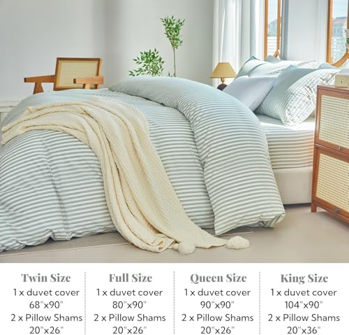 Sage Green Striped Duvet Cover Set King 100% Washed Cotton Linen Feel