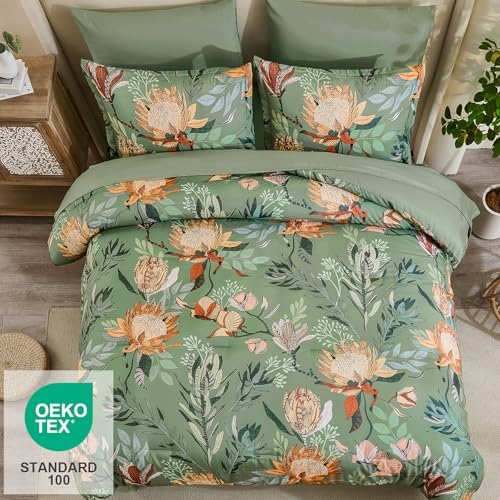 Luxudecor Floral Comforter Set Queen Bed in a Bag Set,7 Pieces Green Floral Comforter and Sheet Set,Soft Microfiber Bedding Sets for All Seasons (Green,90"X90")