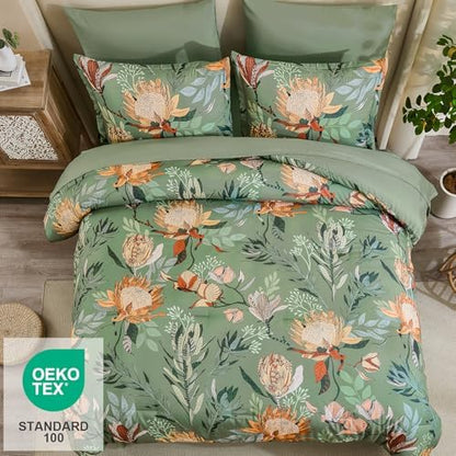 Luxudecor Floral Comforter Set King Bed in a Bag Set,7 Pieces Green Floral Comforter and Sheet Set,Soft Microfiber Bedding Sets for All Seasons (Green,104"X90")