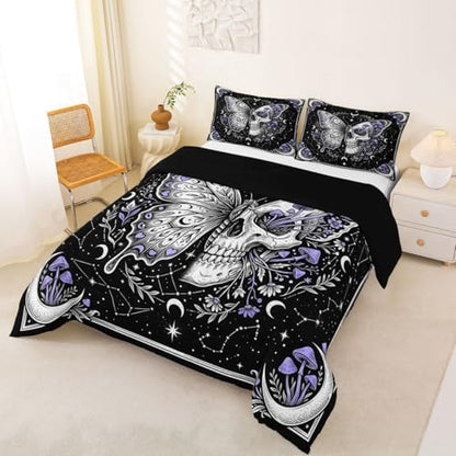 Butterfly Skull Comforter Set Queen Size,Purple Mushroom Gothic Skeleton Duvet Insert Adults Bedroom Decor,Galaxy Botanical Bedding Set,Retro Hippie Ultra Soft Microfiber Inner Fill 3Pcs Bedding