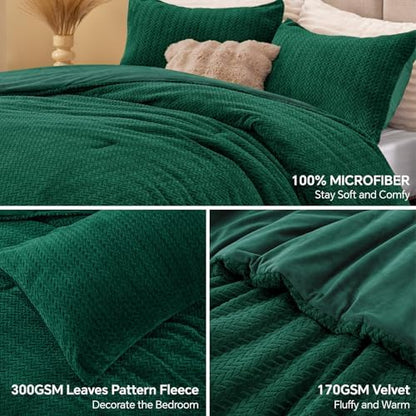 ChiXpace Fleece Full Size Comforter Set Green, Fluffy Bed Set 3 Pieces