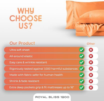 Top Split King Sheets Sets for Adjustable Bed, 4 Pcs Deep Pockets Double Brushed Microfiber Sheets, 34 Inch Split Top Fitted Sheet, 1 King Flat Sheet and 2 Pillowcases - Peach
