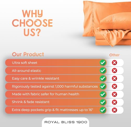 Top Split California King - 4 Piece Bedding -Cal King Split Top Deep Pocket Sheet Set - Split Top California King Sheets Sets for Adjustable Bed - Double Brushed (Peach)