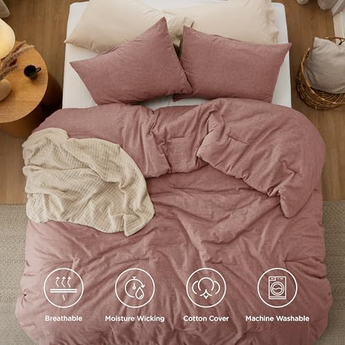 Bedsure PureWoven Cotton Comforter Set Prewashed, Queen, Pink Clay