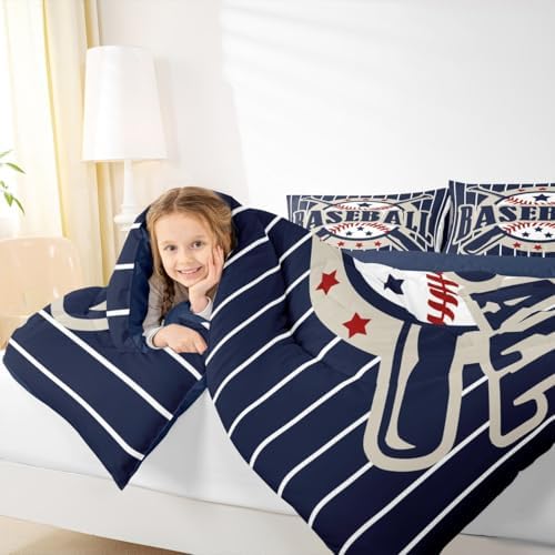 Castle Fairy Baseball Comforter Set King Size Kids Bedding 3Pcs for Boys Girls Men Adult Bedroom Decor Blue Black White Stripes Quilt Modern Fashion Duvet Insert,2 Pillowcases (ZZRS3575ZMD-BZ_USk)