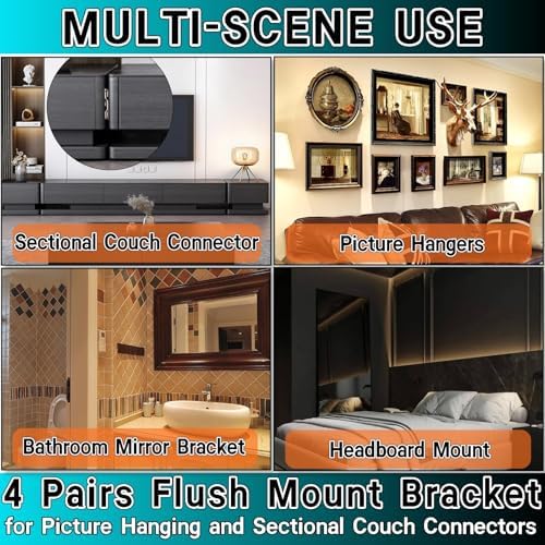 4-Pairs Flush Mount Brackets 56x30mm, Heavy Duty Stainless Steel Interlocking Hangers Kit with Screws for Picture Frame, Mirror, Furniture & Headboard Wall Mount