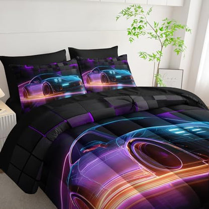 HOSIMA 7Pcs Boys Geometric Pattern Race Car King Comforter with Sheet Set.