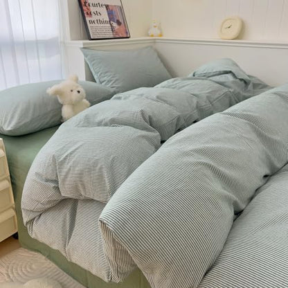 mixinni Green Striped Duvet Cover Twin XL Size - 100% Washed Cotton Pinstripe Comforter Cover with Zipper Closure, Lightweight & Breathable, 3 Pieces Minimalist Stripes Pattern Printed Bedding Set