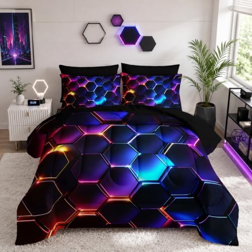 HOSIMA 7Pcs 3D Honeycomb Boys Comforter Set Queen with Bed Sheet Sets.