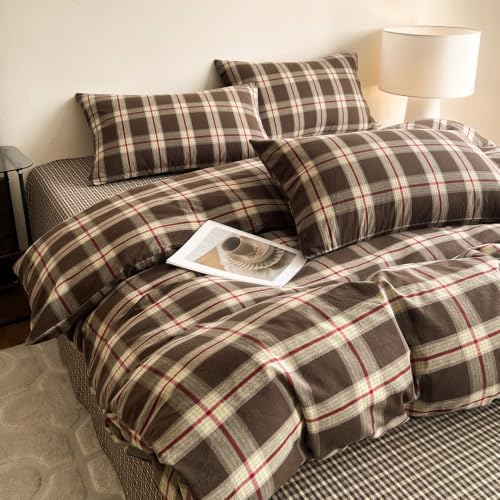 Mucalis Brown Buffalo Plaid Duvet Cover Queen Size 100% Washed Cotton Green Red Plaid Duvet Cover Vintage Checkered Duvet Cover Set Retro 3 Piece Grid Bedding Set with Zipper Closure 4 Corner Ties