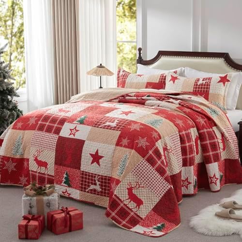 LEAONME Christmas Quilt Set 3-Piece Full Queen Size Bedspread Coverlet 90''x98'' Lightweight Patchwork Oversized Bedding Set with 2 Pillow Shams for All Seasons
