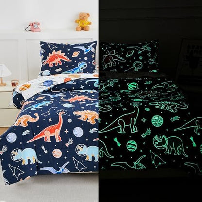 NTBED 5Pcs Glow in The Dark Kids Comforter Set Dinosaur Queen Bedding Set